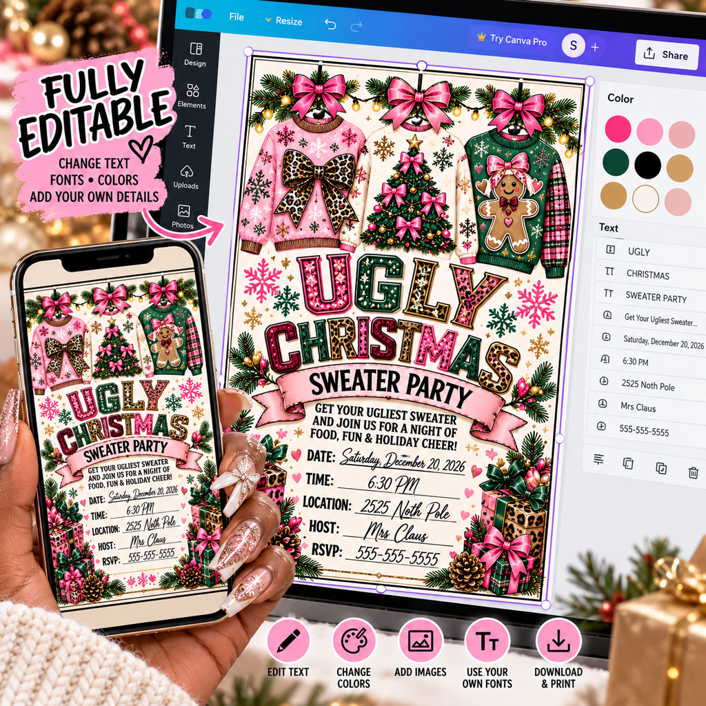 Ugly Christmas Sweater Party Invitation | Printable Digital Download & Fully Editable Canva Link