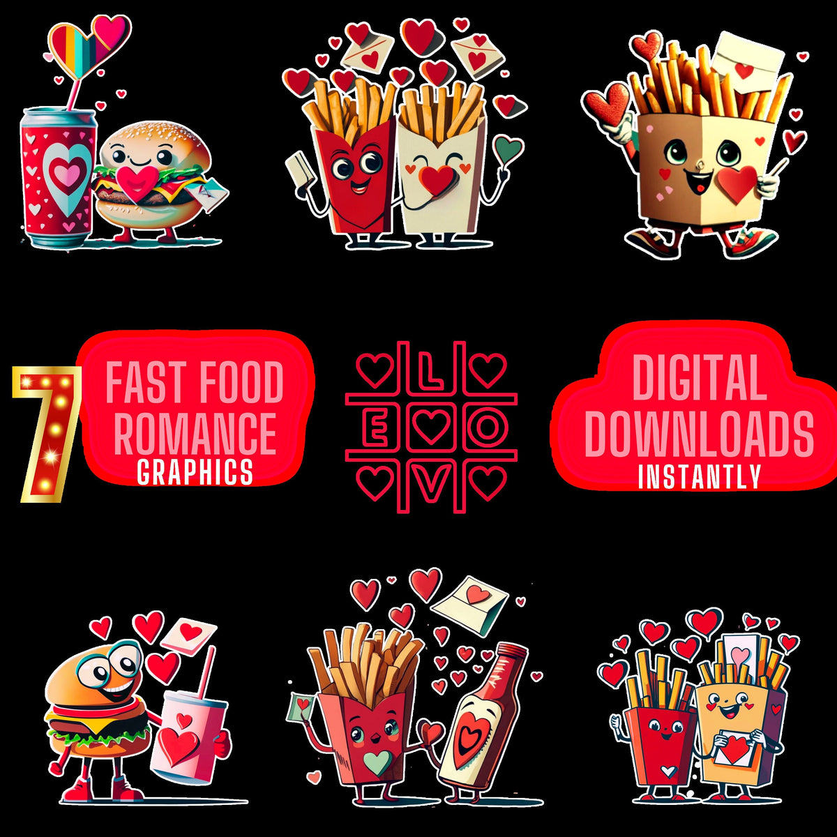 Fast Food Romance PNG Clipart: Burger & Fries, Valentine's Day (Digital Download)