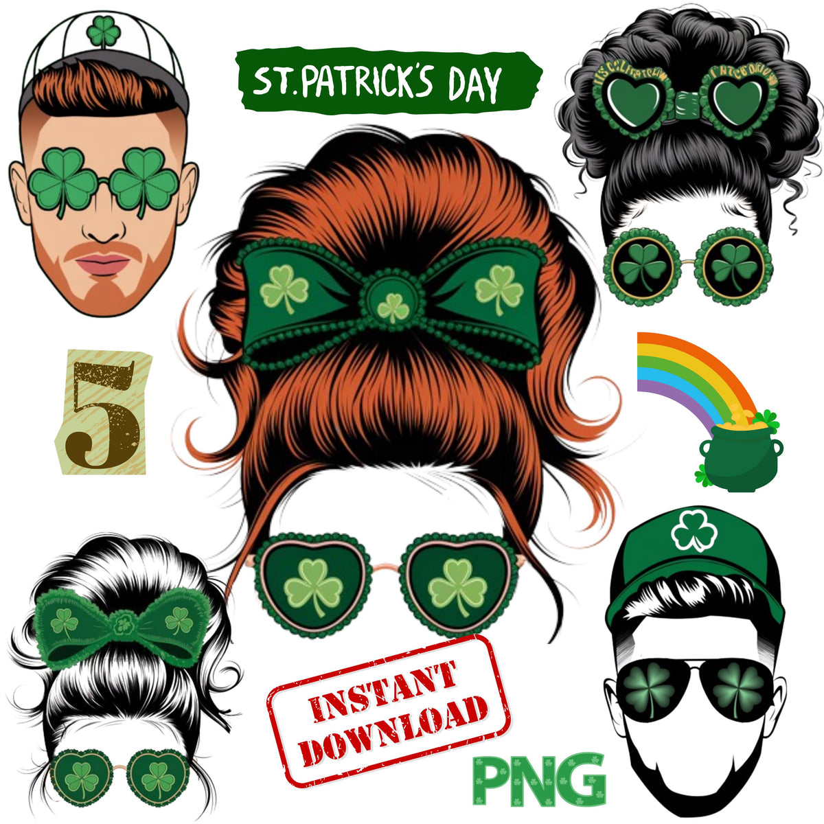 St. Patrick's Day PNG Illustration: Messy Redhead Girl, Clover Bow, Coquette Style (Digital Download)