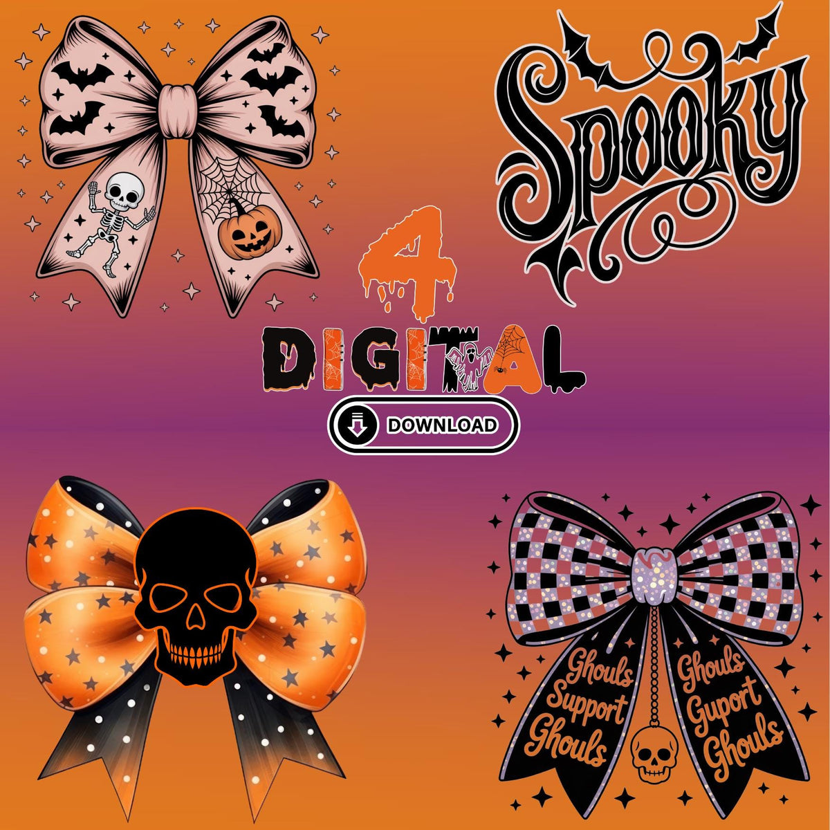 Gothic Core Coquette Bow PNG Bundle: Spooky Skeleton, Pumpkin, Instant Skull Digital Download