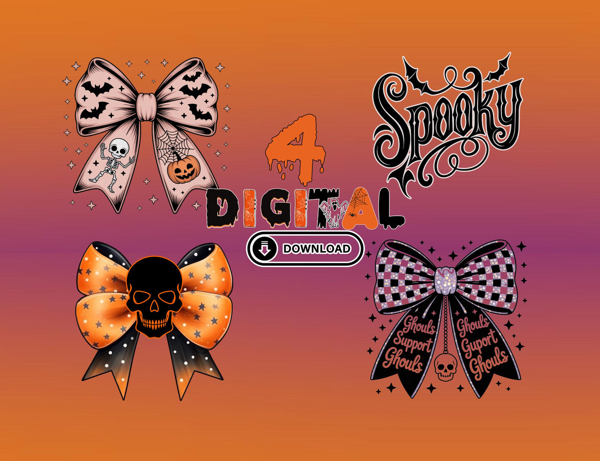 Gothic Core Coquette Bow PNG Bundle: Spooky Skeleton, Pumpkin, Instant Skull Digital Download