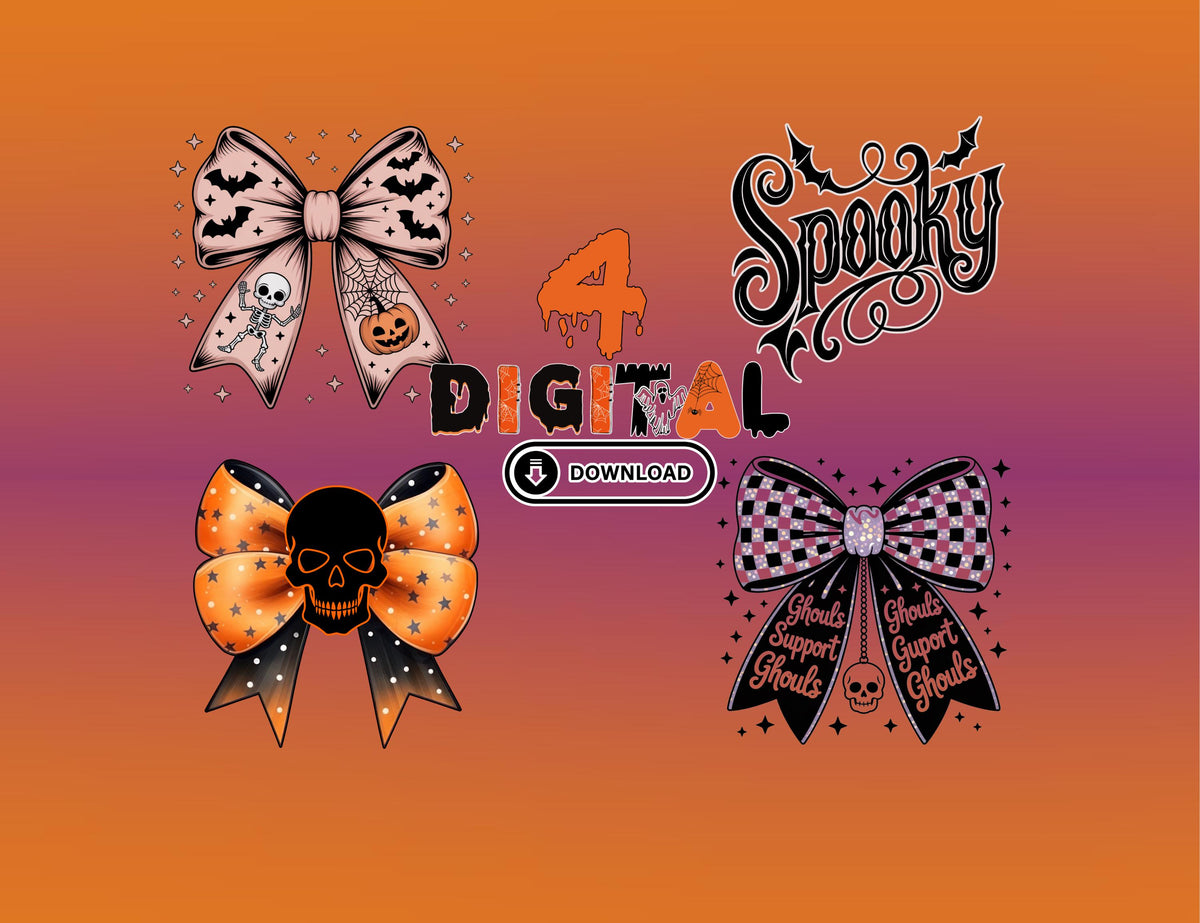 Gothic Core Coquette Bow PNG Bundle: Spooky Skeleton, Pumpkin, Instant Skull Digital Download