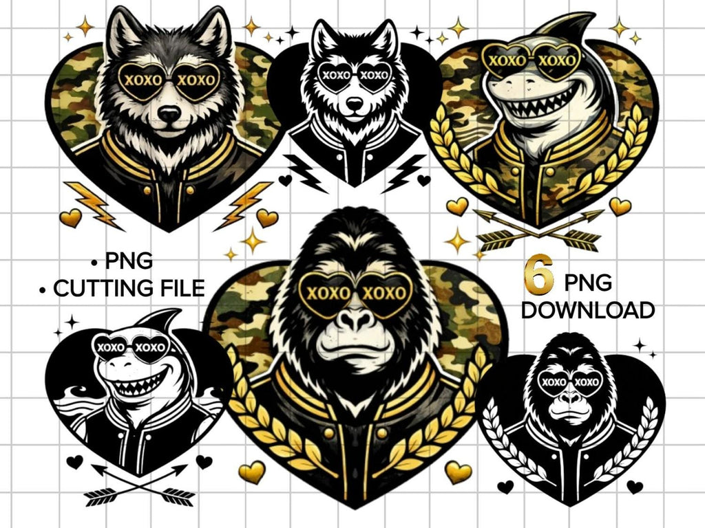 Camo Animal Heart PNG Bundle, Valentine XOXO Graphics (Digital Download)