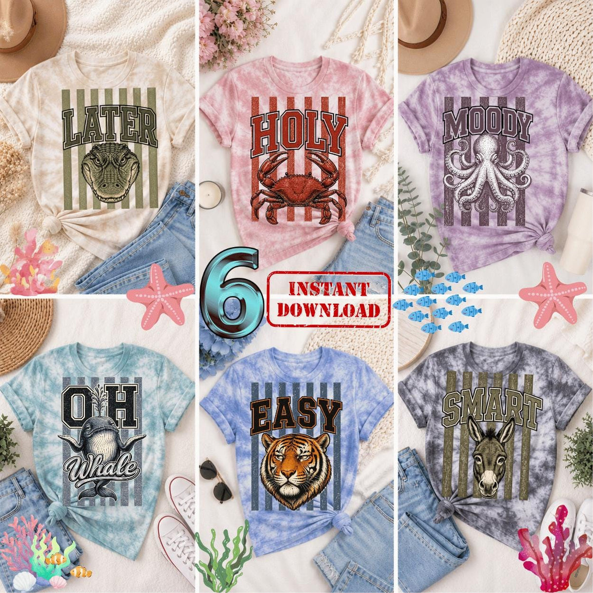 Varsity Collegiate Font Nautical Crab PNG, Donkey PNG, Tiger Whale Octopus Ocean Sea PNG Download with Removed Background