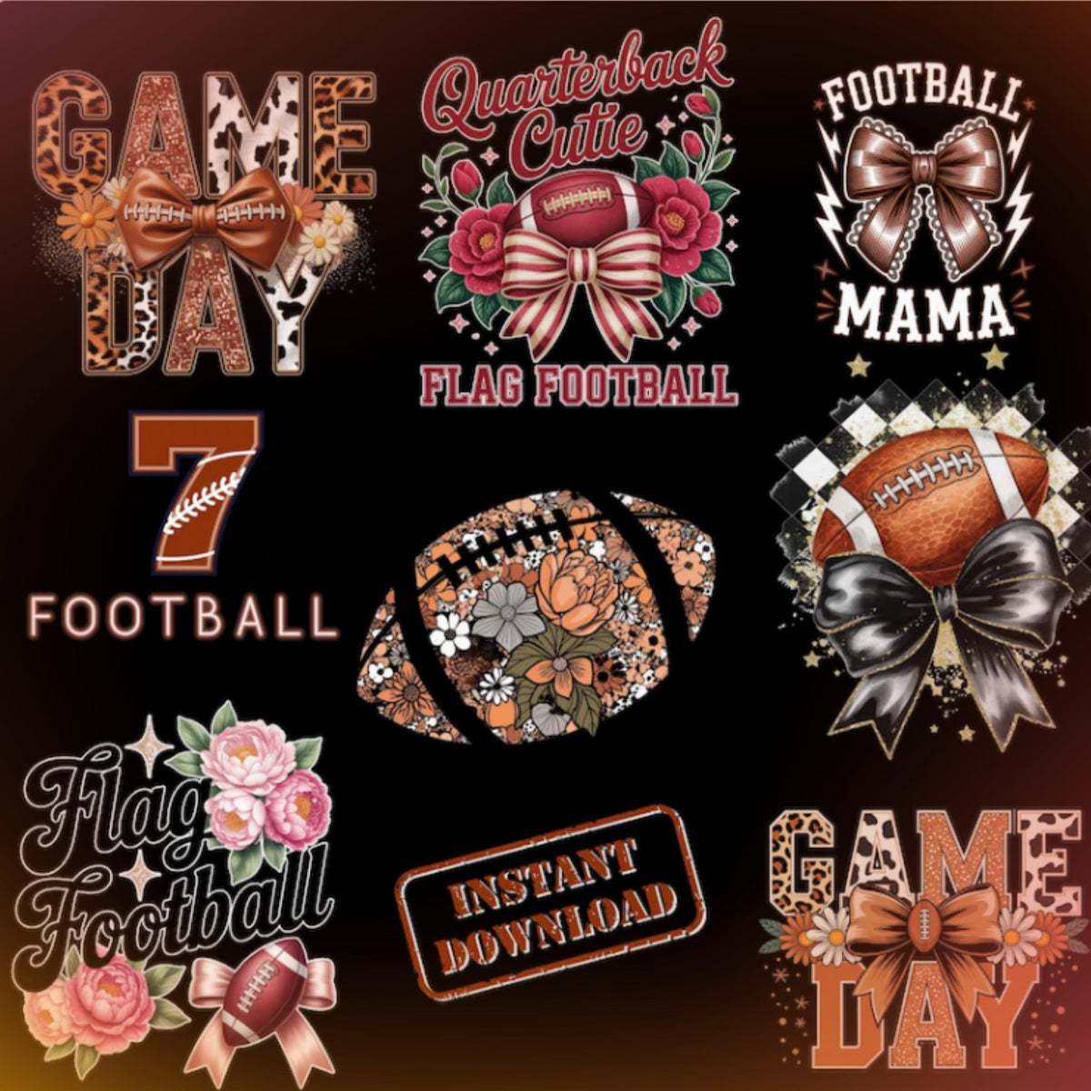 Flag Football School Sports Coquette Bow PNG Bundle, Game Day Clipart (Digital Download)