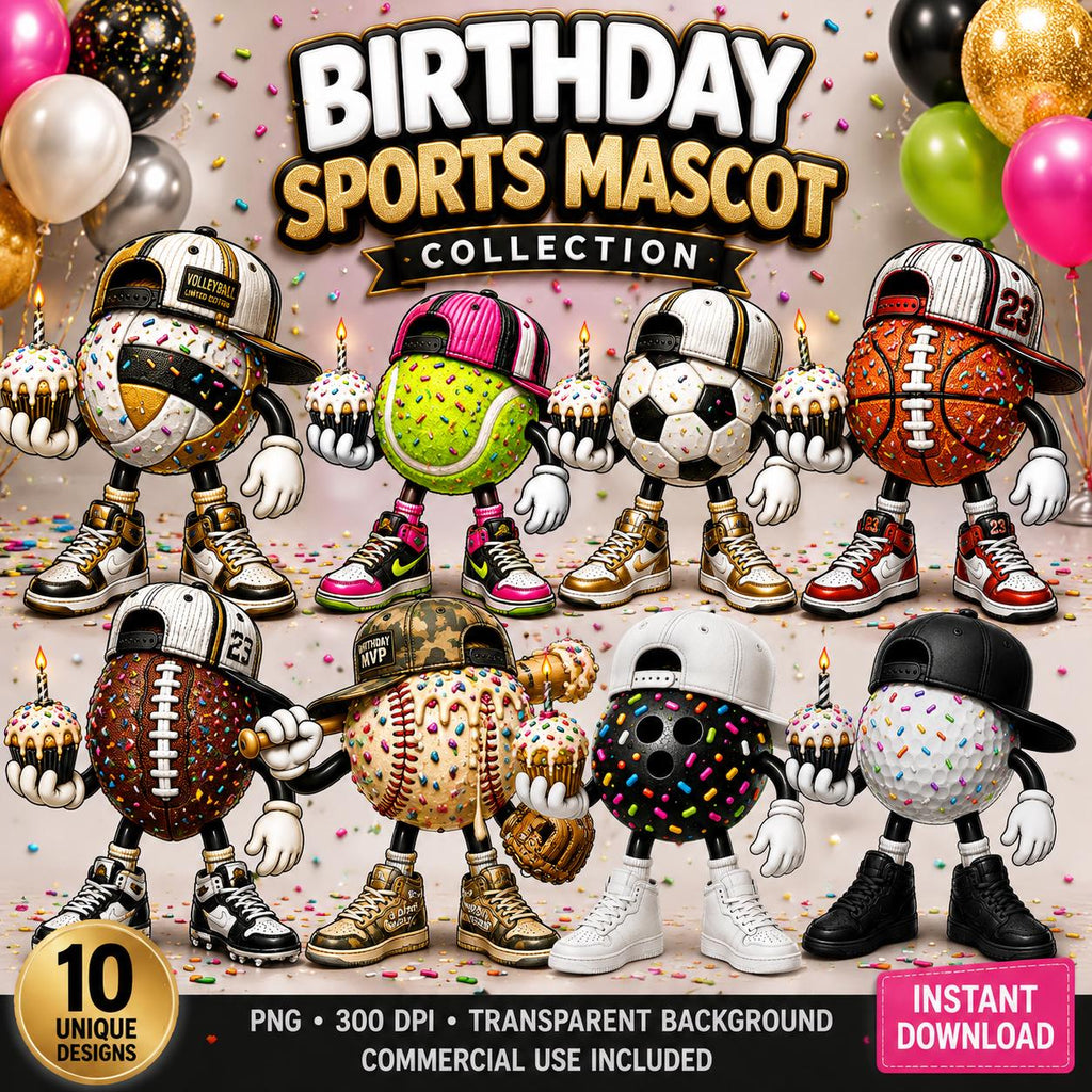 Bowling Football Sports Birthday PNG Bundle: Mascot Cupcake Characters (Digital Download)
