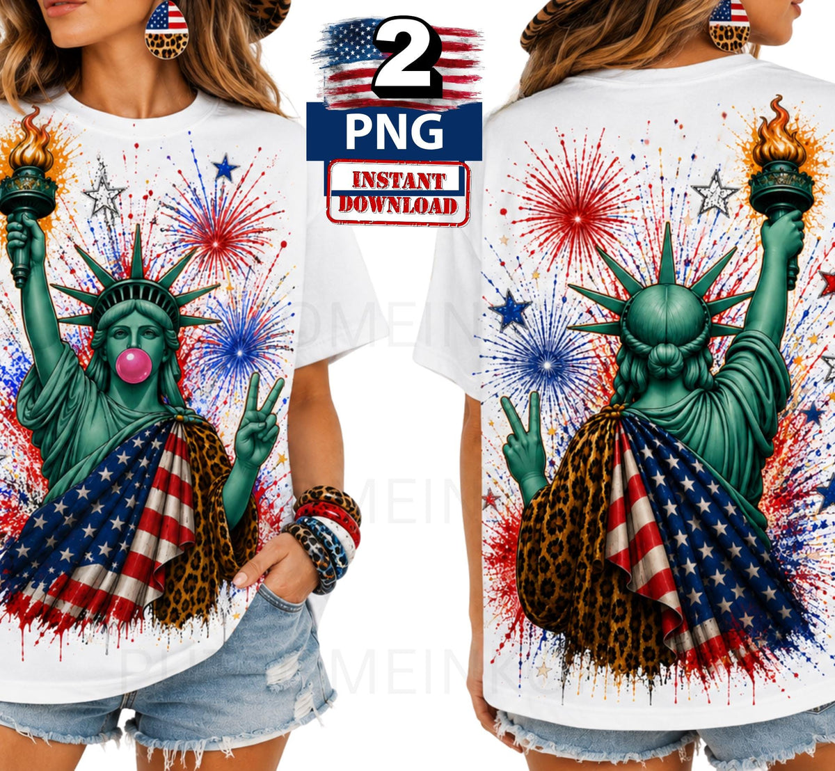Statue of Liberty Chewing Blowing Popping Bubblegum with USA Flag Peace Sign PNG Front & Back Downloads
