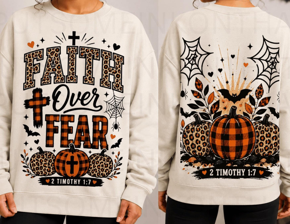 Faith Over Fear PNG, Christian Halloween Pumpkin, Bible Verse Leopard Plaid (Digital Download)