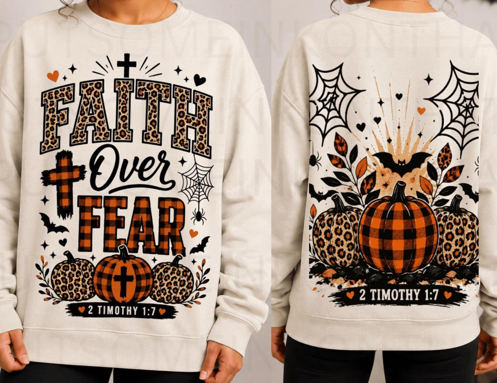 Faith Over Fear PNG, Christian Halloween Pumpkin, Bible Verse Leopard Plaid (Digital Download)