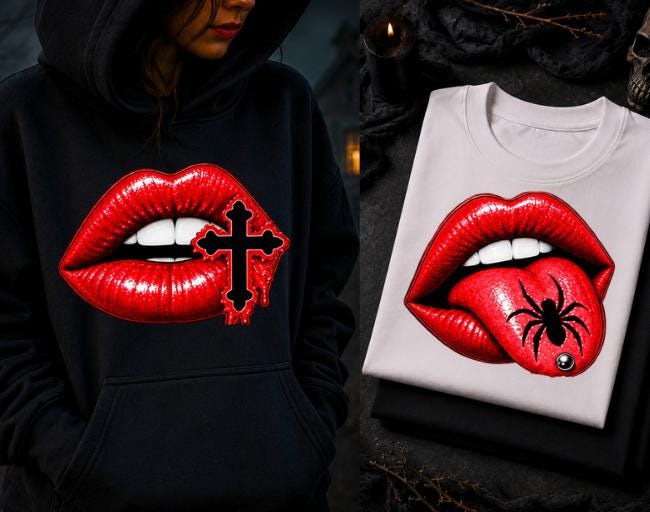 Gothic Lips PNG Bundle, Halloween PNG, Red Lips Clipart, Spooky Goth Sublimation Design, Skull Spider Butterfly Cross Bow PNG