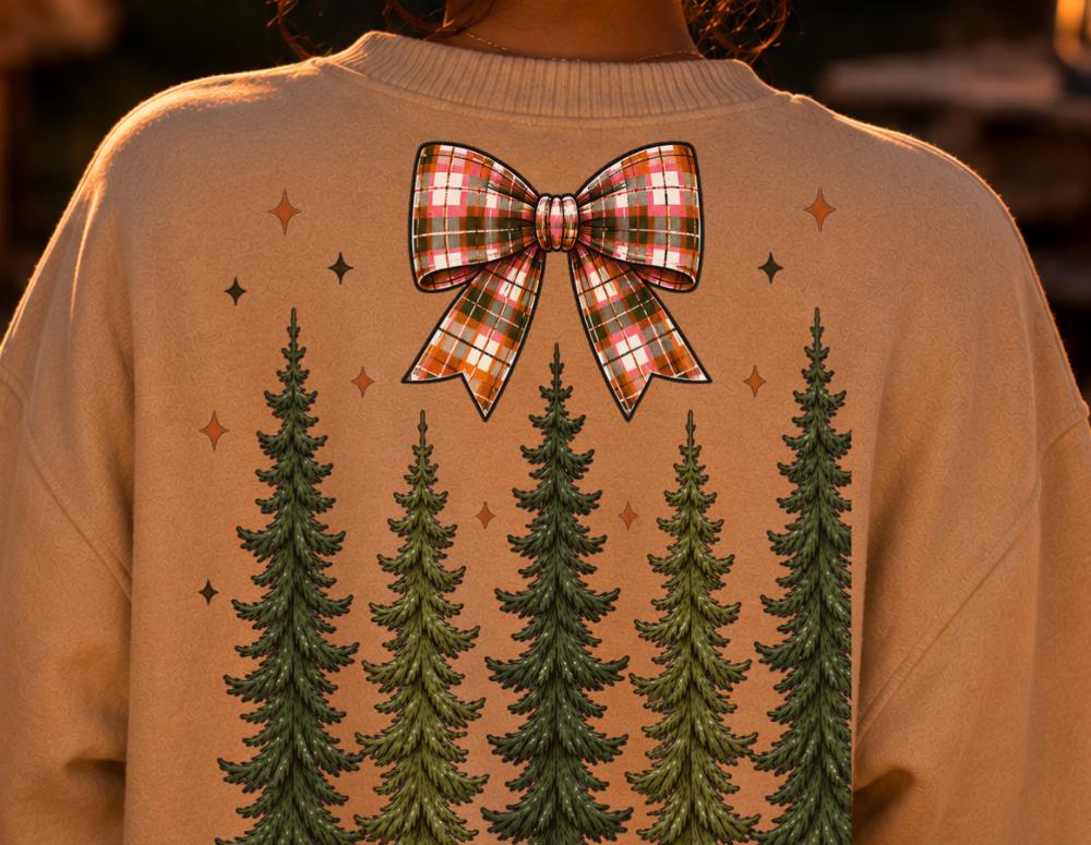 Fall Plaid Pink Camping PNG Download Evergreen Tree Coquette Bow Trending Glamping Front & Back Bundle