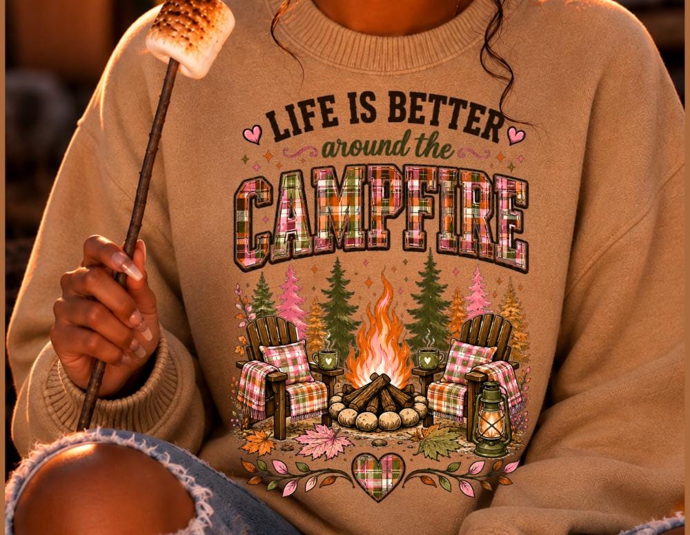 Fall Plaid Pink Camping PNG Download Evergreen Tree Coquette Bow Trending Glamping Front & Back Bundle