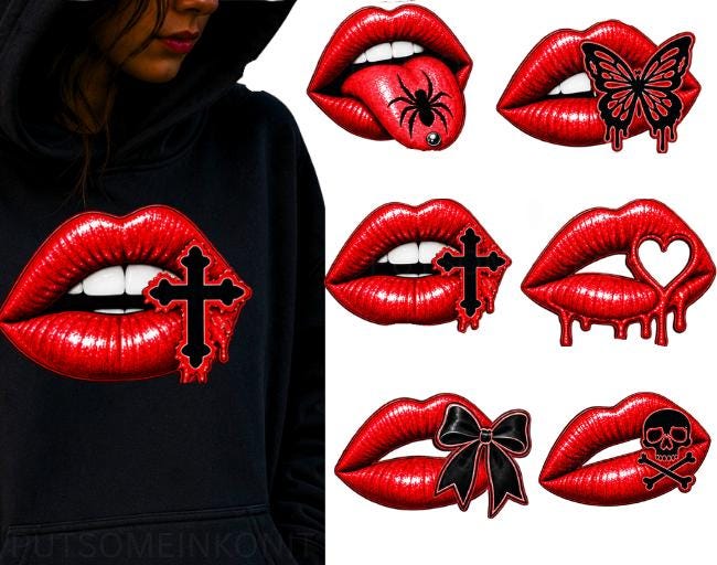Gothic Lips PNG Bundle, Halloween PNG, Red Lips Clipart, Spooky Goth Sublimation Design, Skull Spider Butterfly Cross Bow PNG