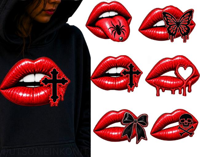 Gothic Lips PNG Bundle, Halloween PNG, Red Lips Clipart, Spooky Goth Sublimation Design, Skull Spider Butterfly Cross Bow PNG