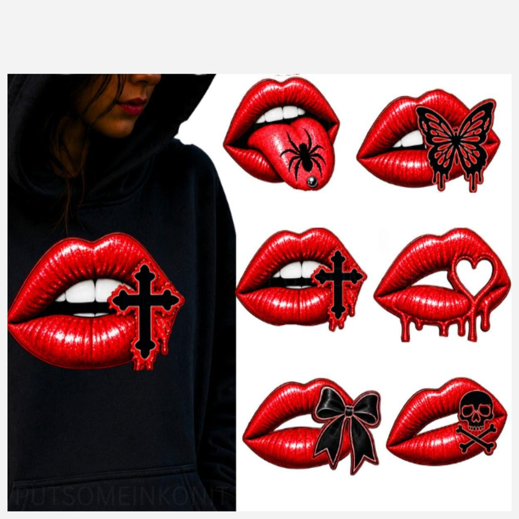 Gothic Lips PNG Bundle, Halloween PNG, Red Lips Clipart, Spooky Goth Sublimation Design, Skull Spider Butterfly Cross Bow PNG