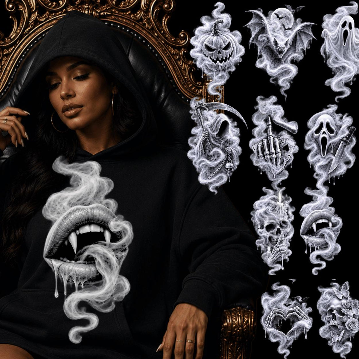 10 Halloween Smoke PNG Bundle, Gothic PNG, Ghost Skull Vampire Pumpkin Grim Reaper, Spooky Sublimation PNG, Halloween Clipart