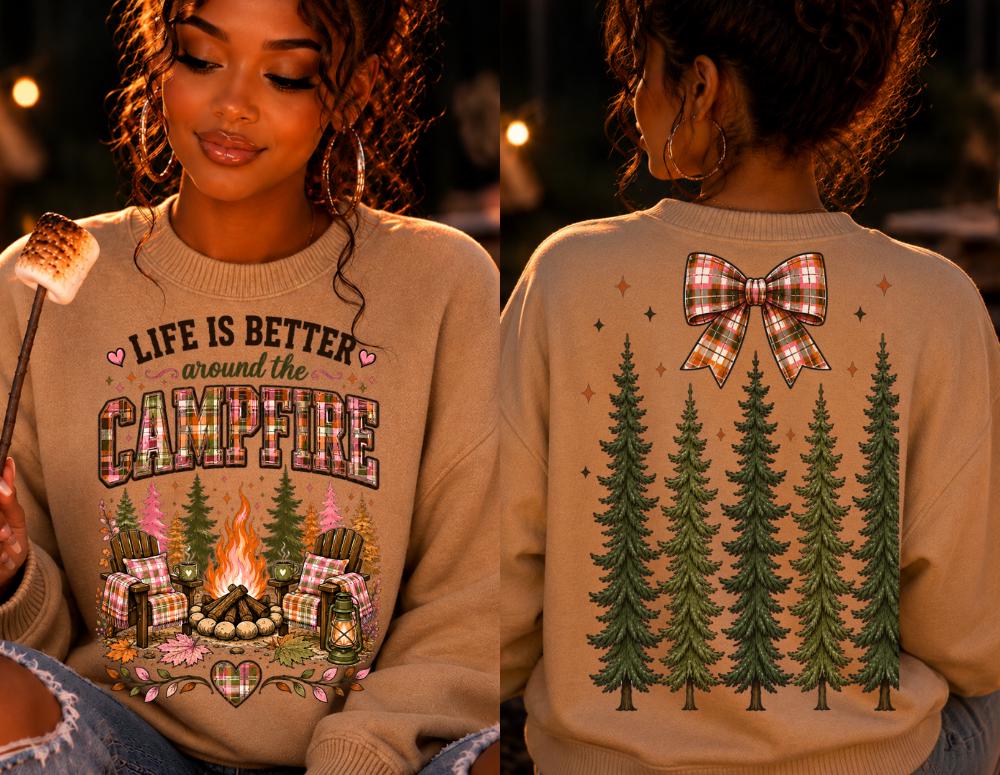 Fall Plaid Pink Camping PNG Download Evergreen Tree Coquette Bow Trending Glamping Front & Back Bundle