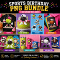 May include: A digital PNG bundle with sports-themed birthday designs. Includes designs for t-shirts, cake toppers, stickers, invitations, party favors, Cricut crafts, and sublimation projects. The designs feature a cartoon character with a sports ball head.