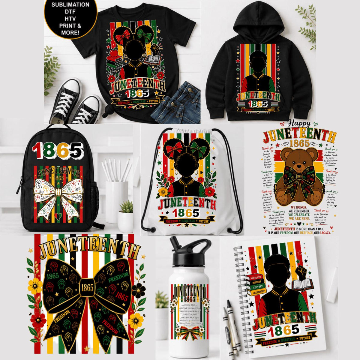 May include: A collection of Juneteenth-themed products, including a black t-shirt, hoodie, backpack, drawstring bag, water bottle, notebook, and a teddy bear graphic. Each item features the text "Juneteenth 1865" with decorative elements in red, yellow, green, and black.