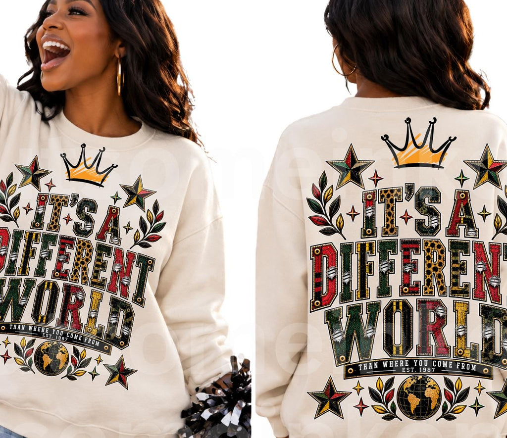 Different World PNG, Retro Collegiate 1987 PNG, Denim Patchwork Graphic, Vintage 90s Shirt Design, Sublimation Download