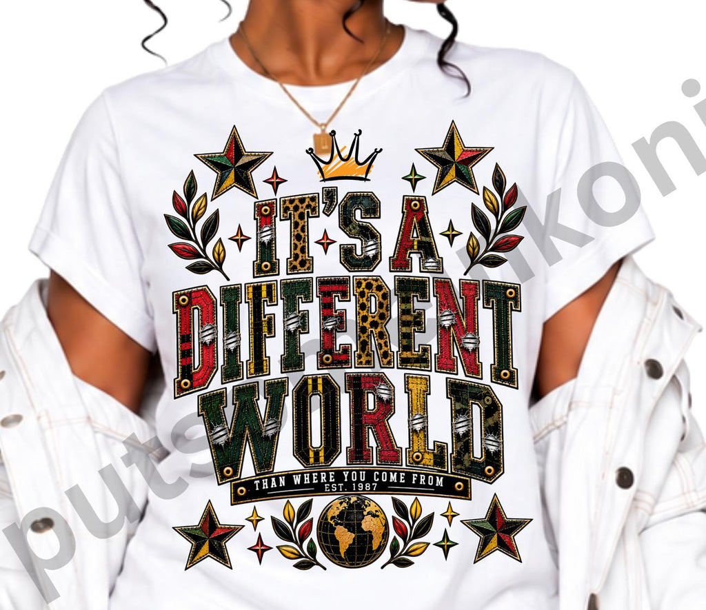 Different World PNG, Retro Collegiate 1987 PNG, Denim Patchwork Graphic, Vintage 90s Shirt Design, Sublimation Download