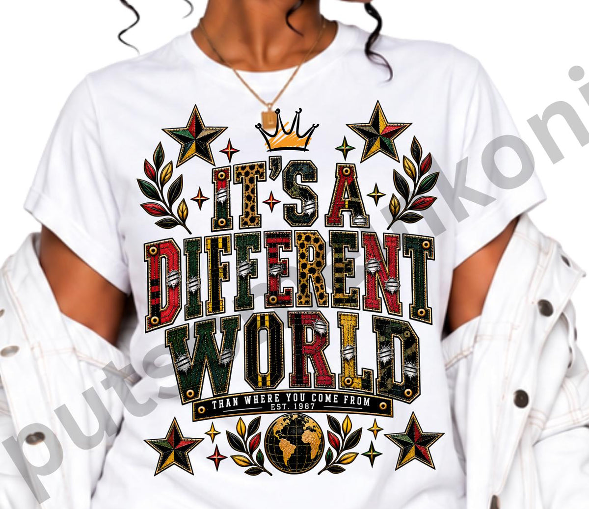Different World PNG, Retro Collegiate 1987 PNG, Denim Patchwork Graphic, Vintage 90s Shirt Design, Sublimation Download