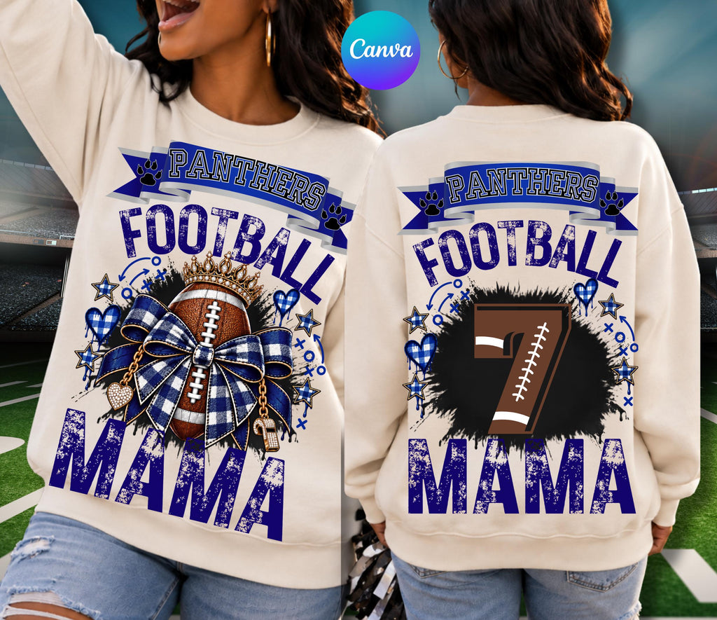 May include: A cream-colored crewneck sweatshirt featuring a graphic print of a football with a crown, a blue plaid bow, and the text PANTHERS FOOTBALL MAMA on the front, and the number 7 styled as a football on the back with matching text.
