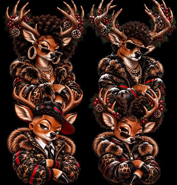 4 Afro reindeer Bundle, Christmas Family PNG, Black Family Christmas Download, Matching Family Deer Dad Mom Sister Brother Sublimation