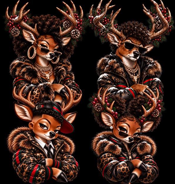 4 Afro reindeer Bundle, Christmas Family PNG, Black Family Christmas Download, Matching Family Deer Dad Mom Sister Brother Sublimation